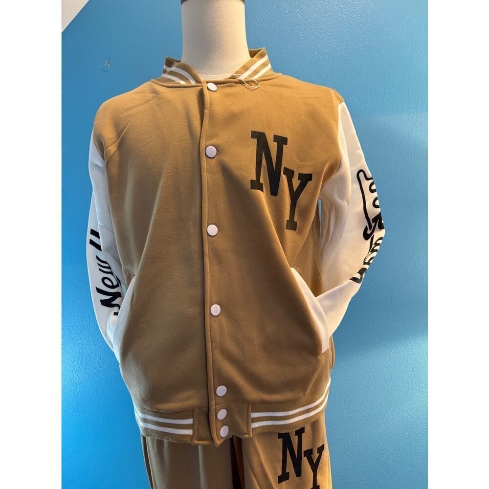 New York Baseball Style Track Suit Joggers Snap Jacket Pockets Stretch Knit S/M